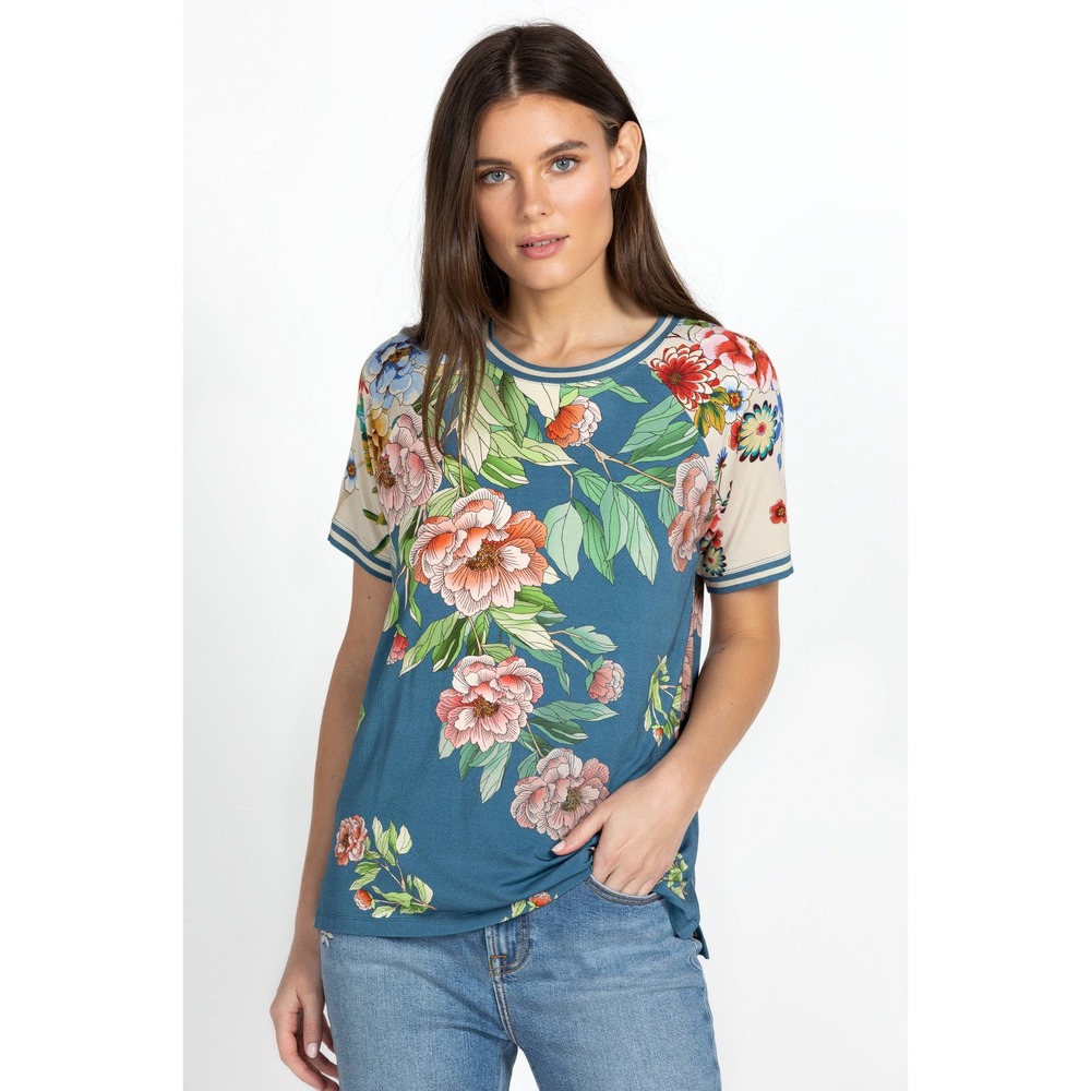Johnny Was Los Angeles Blue Floral Raglan Short Sleeve T-Shirt Size L NWT